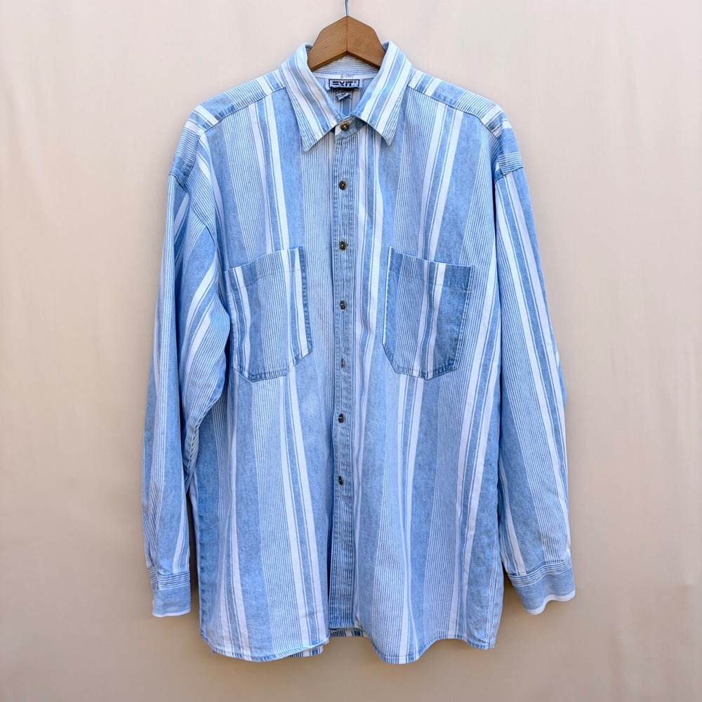 Vintage Exit Button Down Mens XL Blue Striped Denim Shirt Long Sleeve Western - Picture 2 of 9